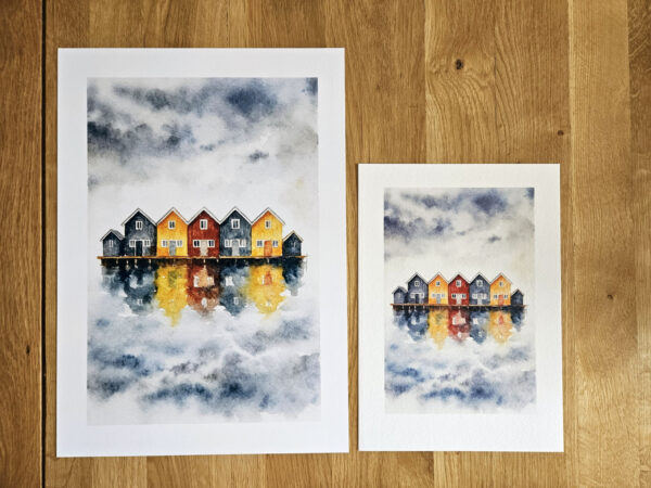 Colorful Nordic Boathouses – Fine Art Watercolor Print - Image 4