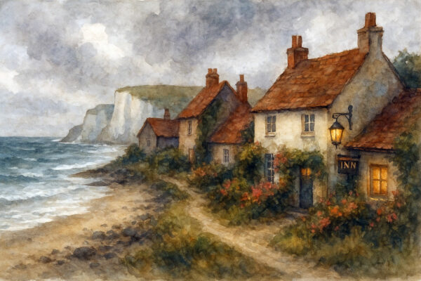 English Coastal Inn Watercolor Print