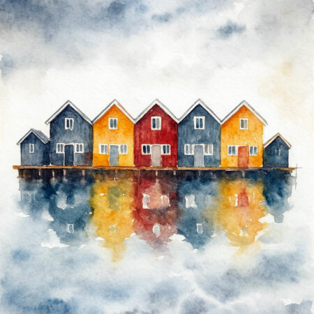 Colorful Nordic Boathouses – Fine Art Watercolor Print