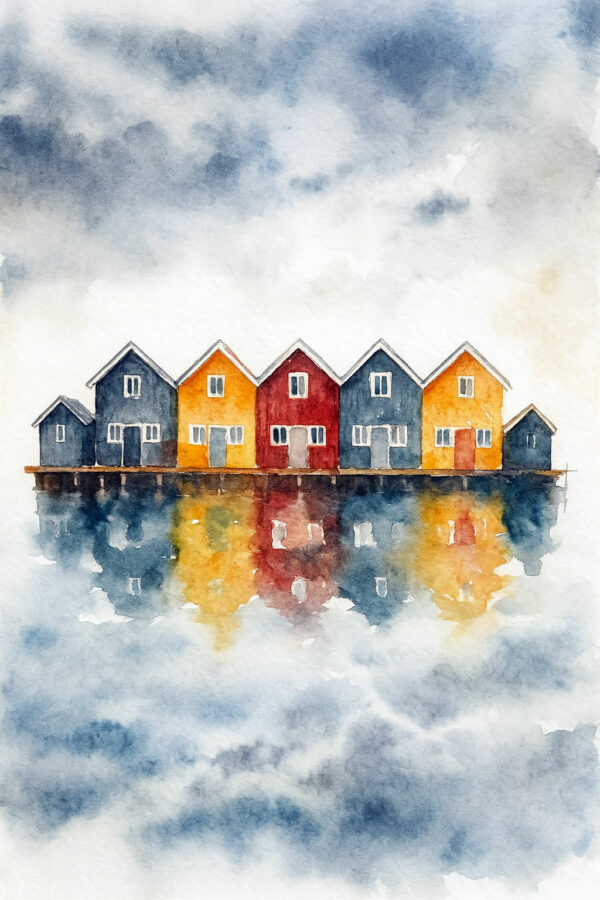Colorful Nordic Boathouses – Fine Art Watercolor Print