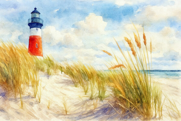 Lighthouse Among the Dunes – Fine Art Watercolor Print